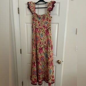 House of Harlow Smocked Floral Maxi Dress in Beige, Pink & Blue